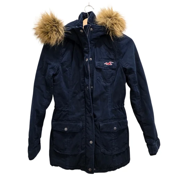 Hollister Y2K Navy Blue Hooded Utility Coat Sherpa Lined Jacket Women's Size M - Picture 1 of 16